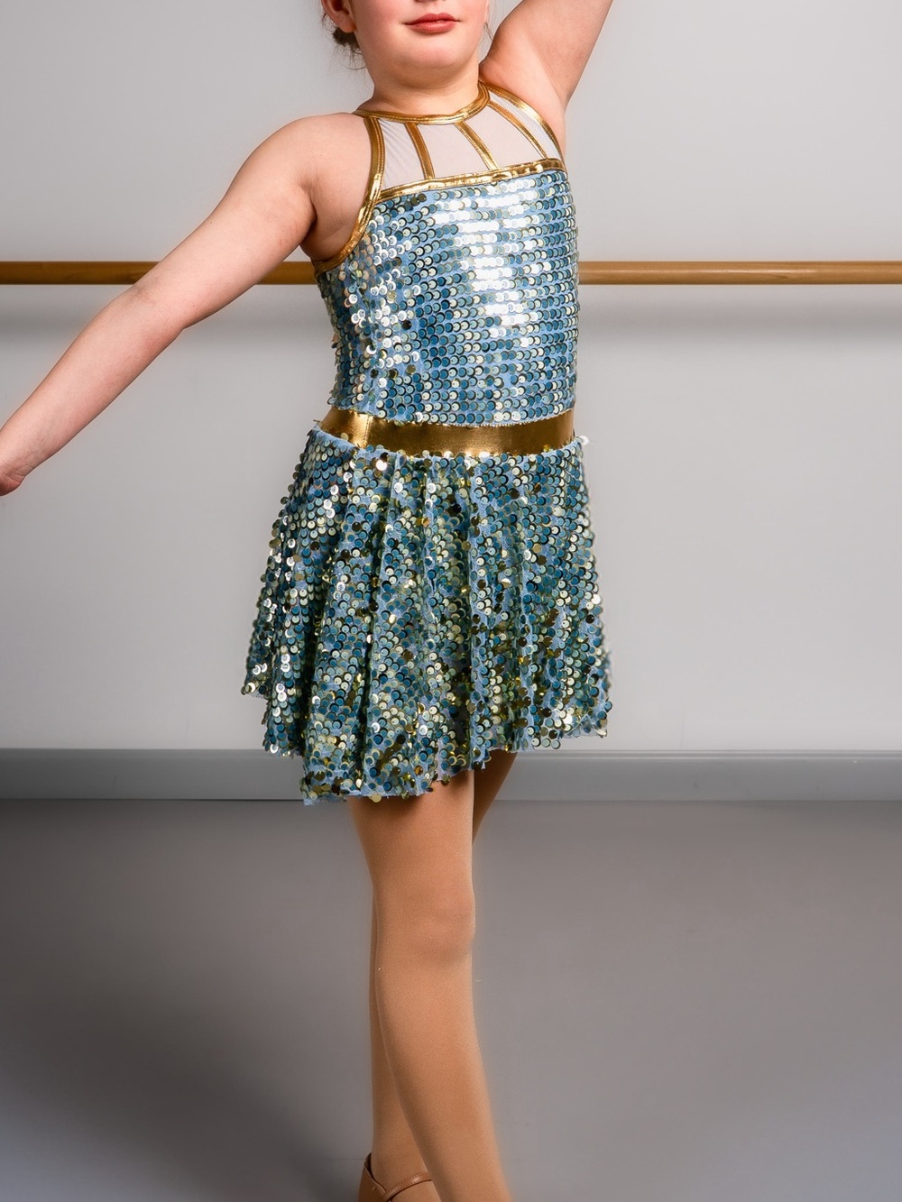 Blue Sequin Dance Costume with Gold Trim for Kids